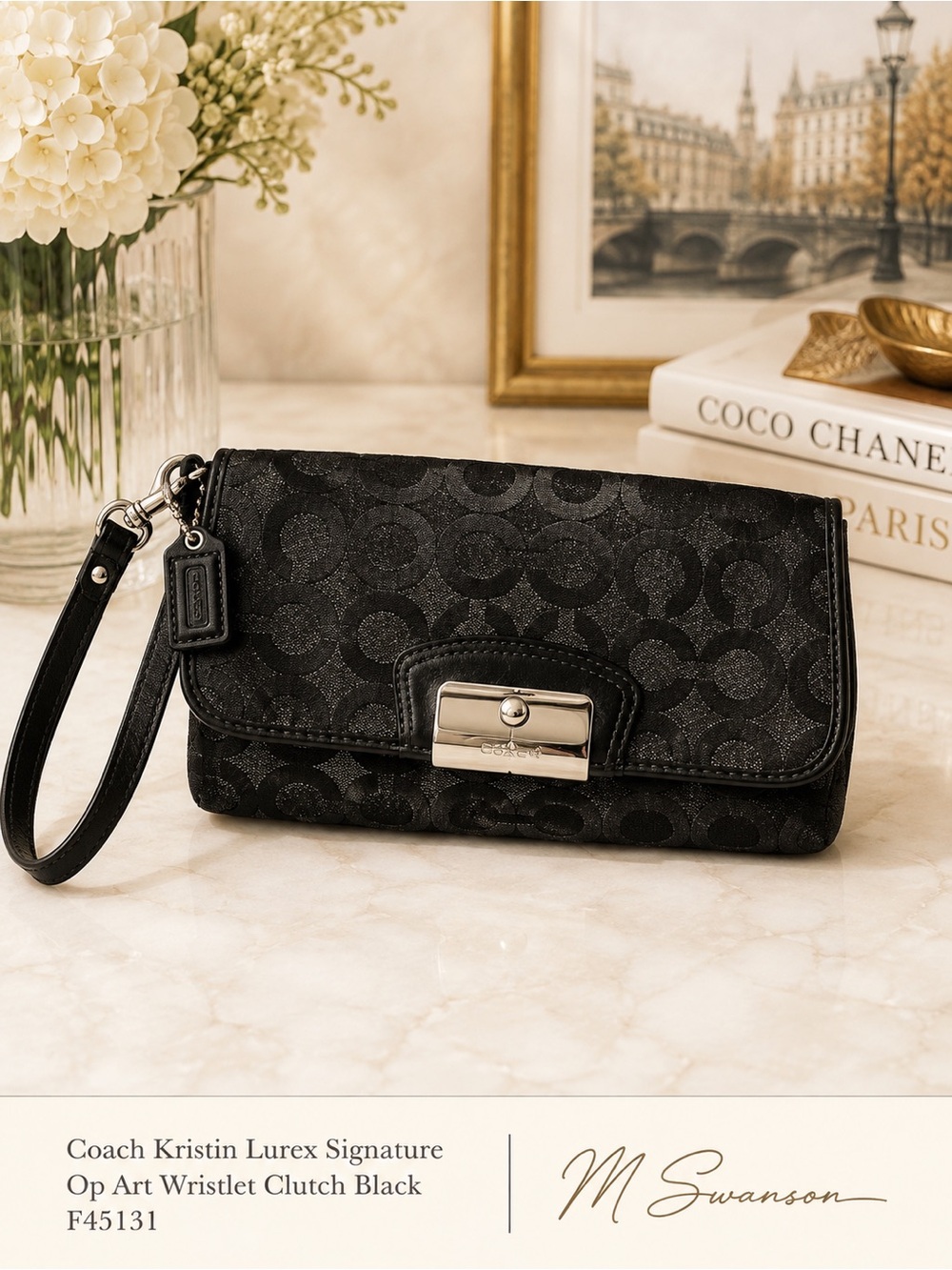Coach Kristin Lurex Signature Op Art Wristlet Clutch Black F45131